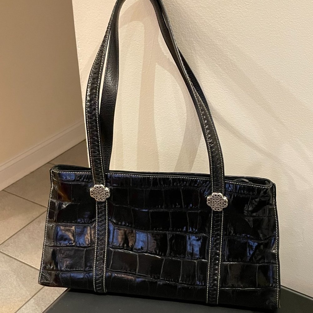 Brighton Crocodile Embossed Black Leather Shoulder Bag